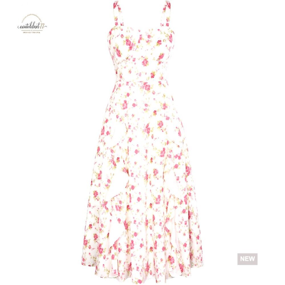 Floral Midi Sun Dress Spaghetti Strap Ruffle Empire Waist Wedding Guest